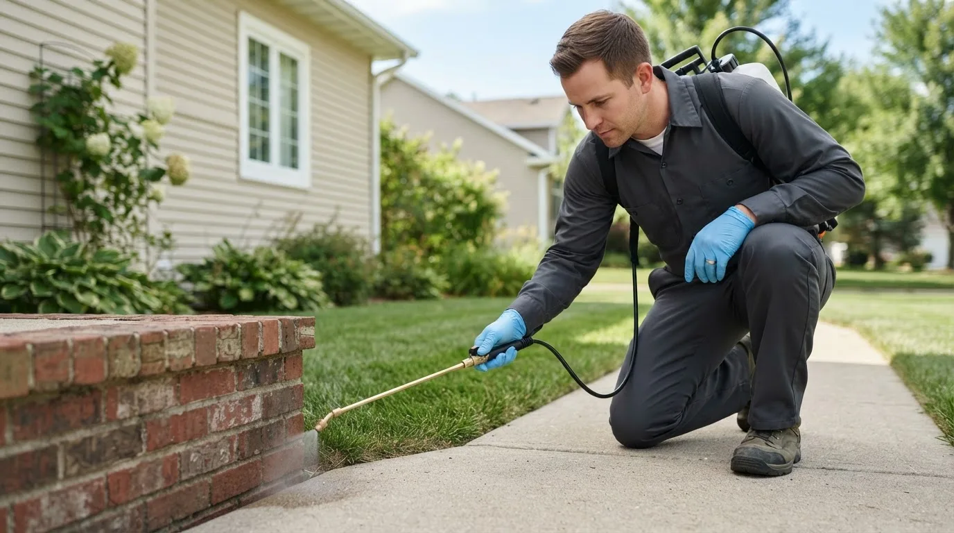 Pest control technician treating a home near Bergman, AR